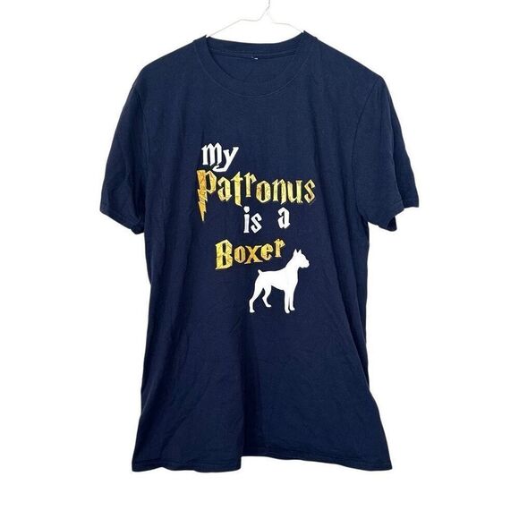 TeePublic My Patronus Is A Boxer Dog Graphic Navy White T-Shirt Size Medium - Picture 1 of 3
